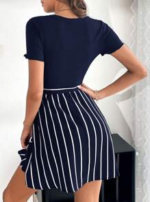 SHEIN Essnce Women's Solid Color Striped Printed Short Sleeve Dress - Blue - View 2