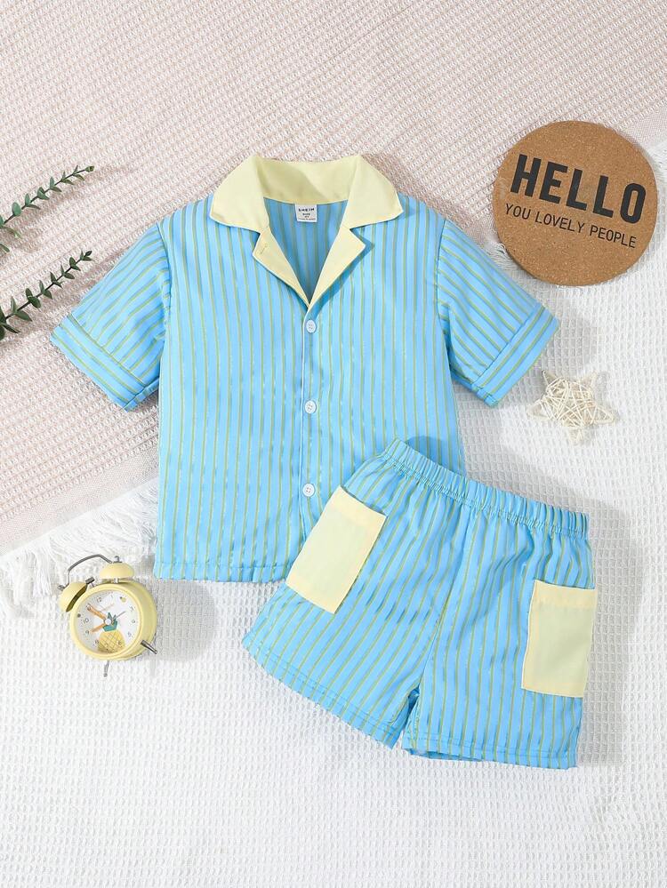 Young Boy Blue Simple Solid Color Short Sleeves Loose Fit Shorts, Home Clothes