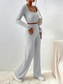 EURMUSE Scoop Neck Crop Tee & Flare Leg Pants - Grey - View 5