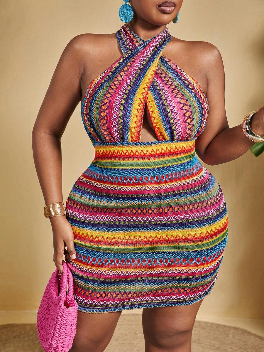 Slaydiva Plus Size Nữ Gợi Cảm In Hình Học Dệt Kim Jacquard Halter Cổ Bodycon Đầm Cho Kỳ Nghỉ - Nhiều màu - Xem 1