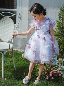 Young Girls Birthday Wedding Party Gorgeous Princess Dress With Butterfly Pattern & Strapless Pink Long Skirt Dress - White - View 5