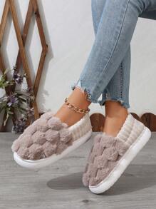 秋冬新款女士时尚舒适圆头一脚蹬蓬松内衬保暖封闭式后跟厚底防滑休闲家居拖鞋 - 棕色 - 查看 3