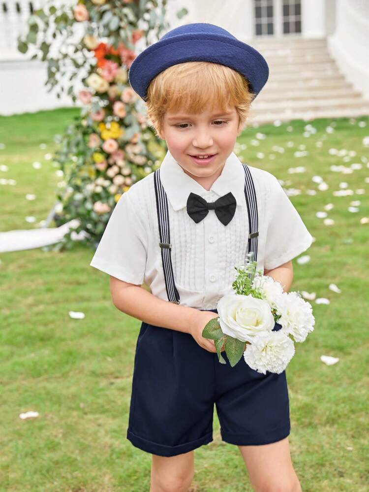 2pcs Young Boy Casual Elegant Gentlemanly Stylish Formal Shirt And Shorts With Suspenders, Suitable For Pageboy, Piano Recital, Daily Wear, Spring & Summer