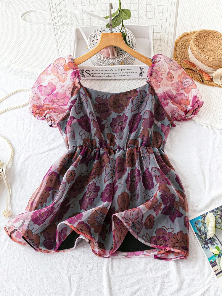 Plus Size Summer Elegant Floral Print Puff Sleeve Blouse