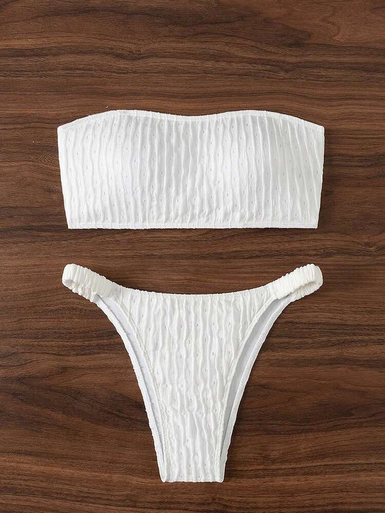 Women Summer Plain Bandeau Bikini Set With Back Tied Swimwear Top And Separated Bottom, Suitable For Beach And Pool,Summer Beach