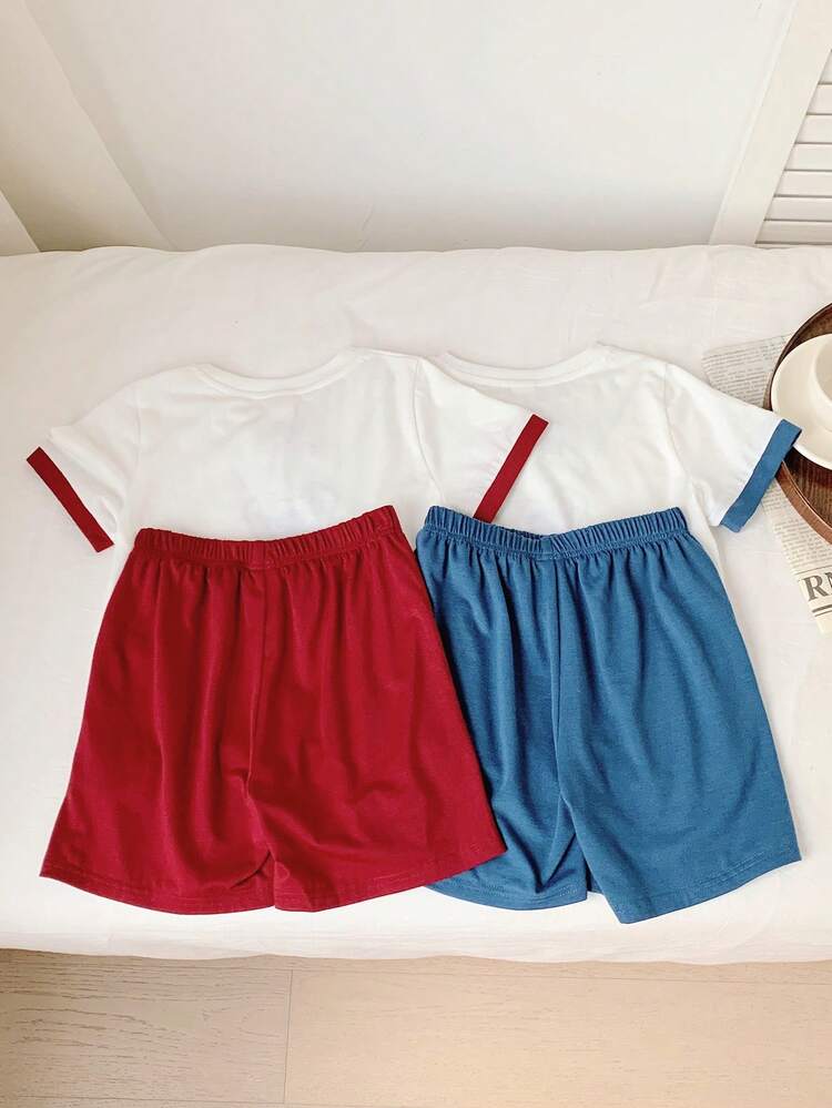 Young Boy Casual Chinese Style Printed Short Sleeve Shirt And Shorts Set, Hanfu Style, 4pcs/Set