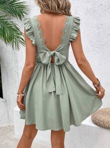 SHEIN Frenchy 女性蕾絲露背純色蝴蝶打結連身裙 - 綠色 - 查看 4