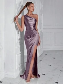 ADYCE Elegant Solid Color Ruched Asymmetric High Slit Maxi Dress, Suitable For Spring/Summer Wear, Party And Back To School - Purple - View 8