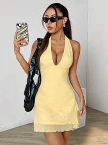SHEIN EZwear Women Light Yellow Mesh Halter Dress,Summer Dresses For Women,Tea Party Dress,Pastel Dresses For Women