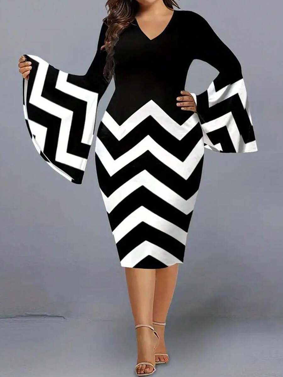 SHEIN Clasi Plus Size Women's Zigzag Pattern Bell Sleeve Dress - Multicolor - View 1
