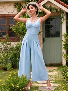 Vintamour Vintage Elegant Vacation Women Jumpsuit With Straps, Halter Neck & Wide Legs Mother Day Outfit Summer Concert Outfits Blue Women Rompers Summer Clothes Festival Outfits Mother Day Outfit - Blue - View 1
