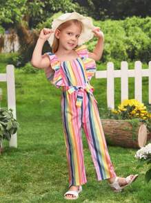 SHEIN 小女童塊狀條紋荷葉邊連身褲 - 彩色 - 查看 1