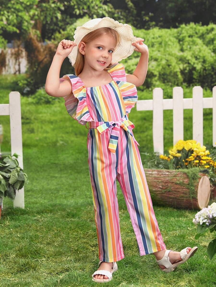 SHEIN 小女童塊狀條紋荷葉邊連身褲 - 彩色 - 查看 1
