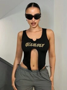 SHEIN ICON 3pcs Summer Asymmetrical Split Hem Tank Top With Letter Print Three Piece