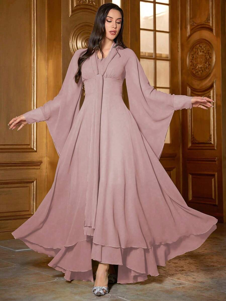 Women Solid Color Flare Sleeve Dress - Dusty Pink - View 1