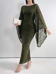 Modelyn 女士优雅花朵植绒网纱喇叭袖修身长裙春季长款晚礼服 - 橄欖綠 - 查看 2