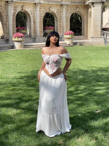 Lyrianda Plus Size Chinese Style Floral Print Off The Shoulder Cropped Top - Mauve Purple - View 3