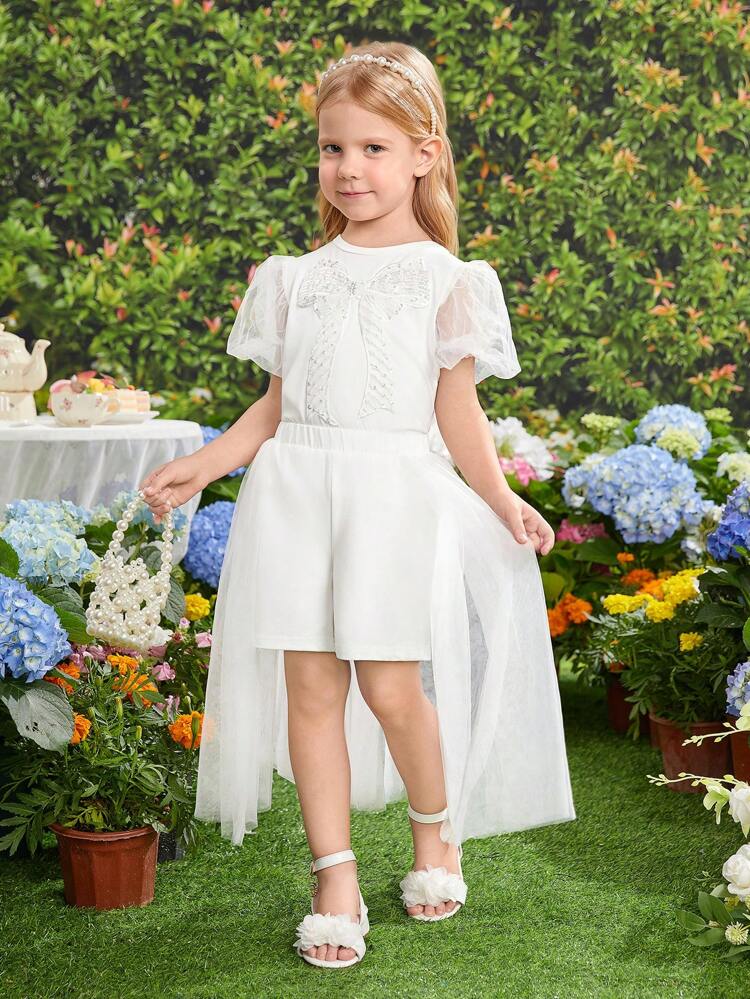 Young Girl's Outdoor Wedding Season, Chiffon White Two-Piece Set With Embellished Bow, 3d Puff Sleeves And Net Yarn Patchwork Shirt And Shorts
