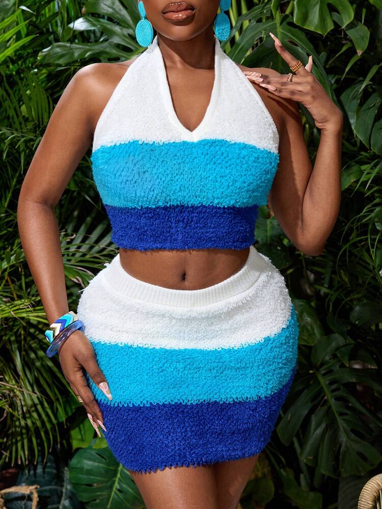 Holiday Color Block Slim Fit Crop Top With Halter Neck And Mini Skirt, Knitwear Set