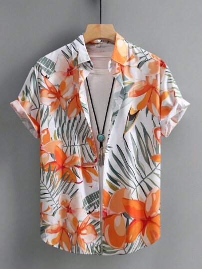 Men's Tropical Floral Print Turndown Collar Button Front Short Sleeve Casual Shirt, Summer