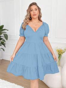 SHEIN Franclia Đầm ngắn tay màu trơn cỡ lớn có cổ ngọt ngào, viền xù và các chi tiết xếp li - Màu xanh lam - Xem 7