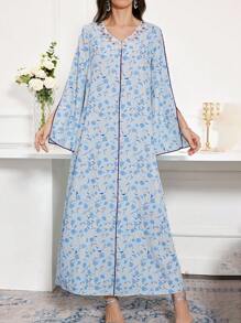 Al Najma Women's V-Neck Split Sleeve Casual Arabian Dress, Full Length Jalabiya, Casual Dress