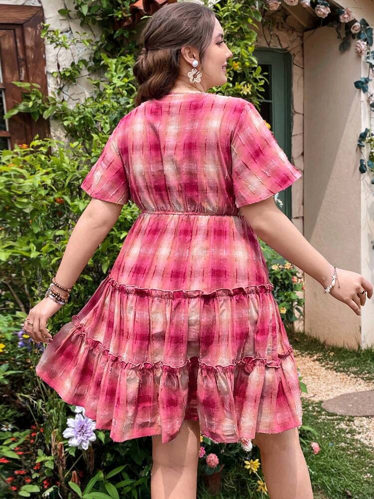 WYWH Casual Vacation Romantic Pink Gradient Plaid V-Neck Button Decoration Loose Ruffle Hem Short Dress