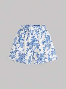 SHEIN MOD Bộ áo crop top trễ vai in họa tiết xanh trắng kèm dây buộc vai và quần short - Xanh và trắng - Xem 5