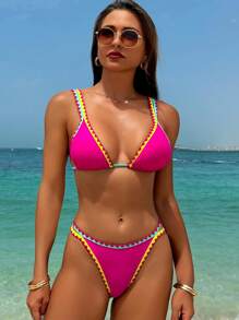 SHEIN Swim Conjunto de vacaciones de verano para mujeres con sujetador rosa caliente y Bottom de bikini con ribete de neón contrastante, ideal para la playa - Rosa - Ver 6