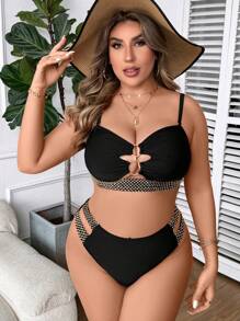 Swim SXY Summer Beach Plus Size Women Sexy Bikini Set With Ring & Cut Out Design - Black - View 5
