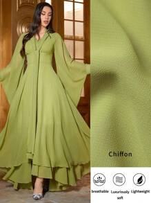 Women Solid Color Flare Sleeve Flowy Midi Dress - Green - View 7