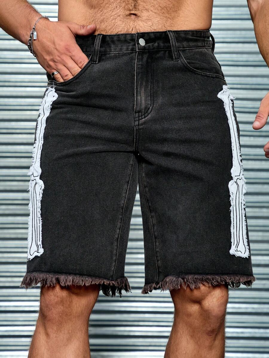 Manfinity Roughcore Shorts de mezclilla gris para hombres con aplicaciones de calaveras - Gris Claro - Ver 1
