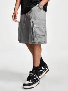 Manfinity NXTstreet Men Solid Color Drawstring Waist Shorts With Pockets For Summer Leisure - Dark Grey - View 4