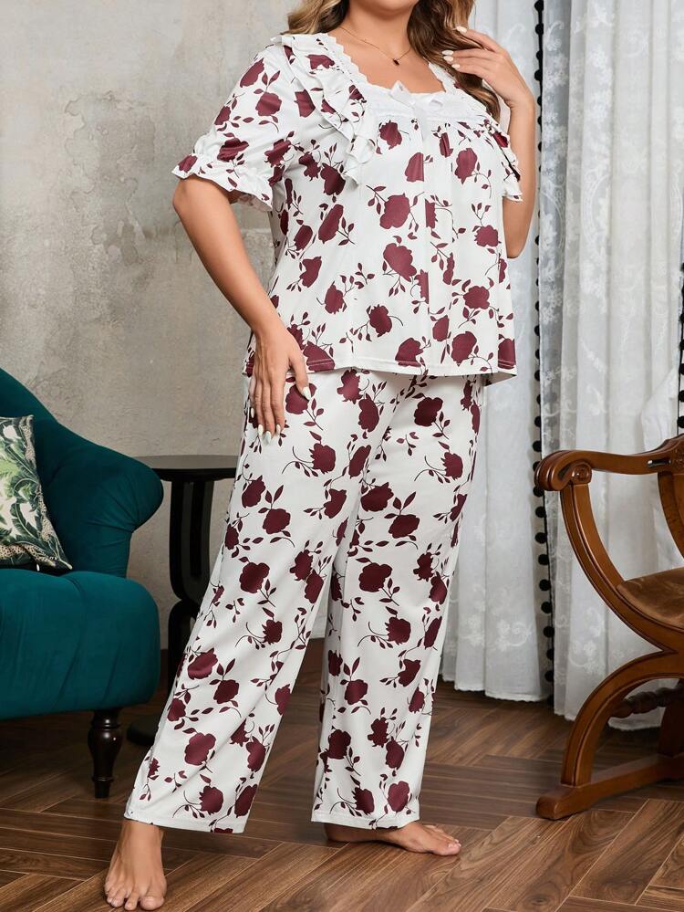 Plus Size Women Summer Flower Printed Patchwork Lace Trim Short Sleeve Top And Long Pants Loose Pajama Set