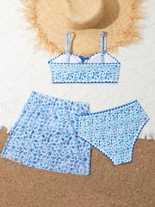 Tween Girl Floral Print Two-Piece Swimwear Set, Perfect For Beach Vacation - Multicolor - View 2