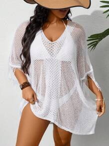SHEIN Swim Curve Women Plus Size Fashion Solid Color Hollow Out Short Sleeve Cover Up Summer - White - View 1