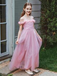 SHEIN Tween Girl Wedding Season 3D Flower Tulle A-Line Dress With Gathered Waist Strap, Elegant For Birthday Parties, Banquets & Weddings - Pink - View 2