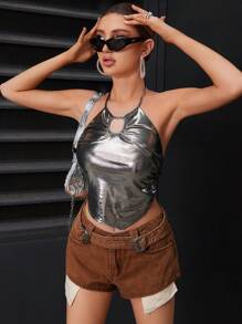 Chiquease Women Summer Fashion Asymmetrical Hem Cut Out Halter Neck Cami Top - Silver - View 6