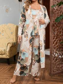 Plus 3pcs Tropical Print Ruffle Hem PJ Set / Pajama Set