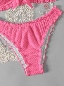 SHEIN Swim 夏季海滩女士纯色纹理比基尼套装 - 玫紅色 - 查看 4