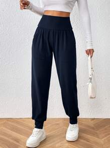 SHEIN LUNE Women Elegant And Simple Solid-Colored Tapered Pants - Navy Blue - View 5