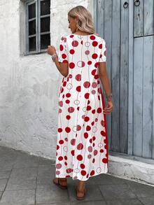 EMERY ROSE Women Summer Geometric Printed Casual T-Shirt Dress With Short Sleeves And Long Style - Burgundy - View 2
