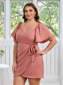 SHEIN Privé 大尺碼夏季浪漫優雅純色甜心領包身連衣裙 - 粉色 - 查看 5