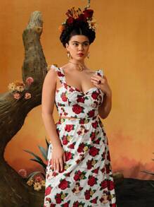 Frida Kahlo X SHEIN Co-Ords Ukuran Plus Ruffle Zip Split Thigh Bunga Buah&Sayuran Plants All Over Print Boho - Red and White - View 6