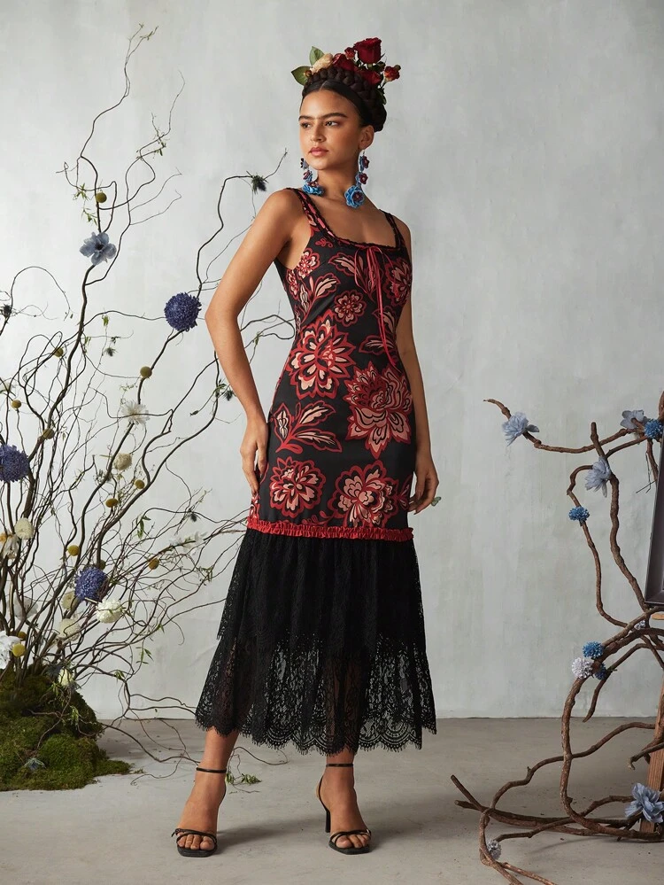 Boho Bohemian Floral Printed Lace Splice Low Back Dress Summer Elegant Dress, Holiday, Party, Thanksgiving, Vacation, Festival