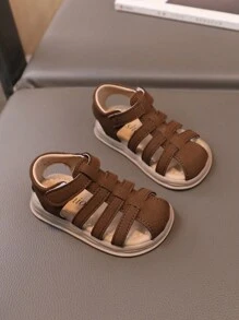 1pair Brown Unisex Hook And Loop Closure Anti-Slip Sandals For Infant Walking Practice And Daily Wear, Summer