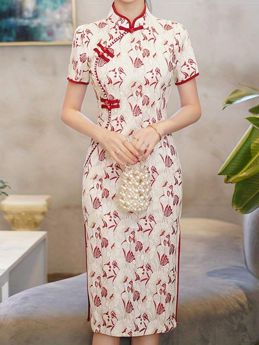 SHEIN Unity 女士旗袍風格連衣裙，有花卉印花和線性設計 - 白色 - 查看 1