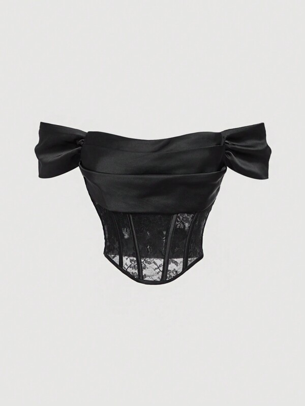 SHEIN MOD Top de vară negru retro din dantelă scobit cu umeri, pentru fete adolescente