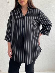 Juhart 大尺碼條紋印花襯衫，翻領商務風格 - 黑與白 - 查看 3