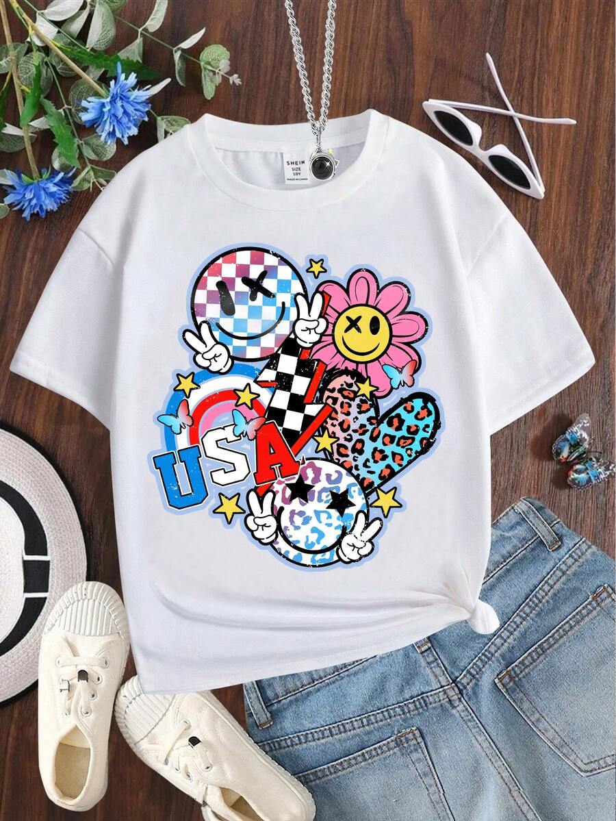 Tween Girl Casual Simple Cartoon Smiling Pattern Short Sleeve T-Shirt Round Neck Suitable For Summer Wear - White - View 1